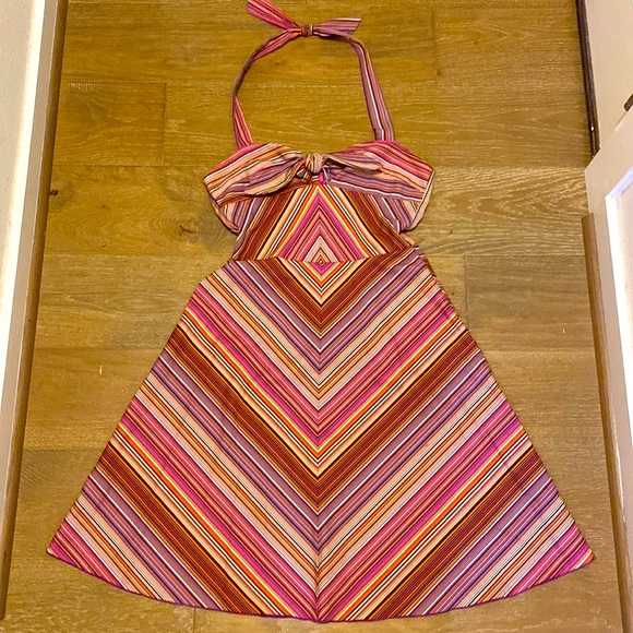 NWOT Trina Turk Retro Pinup Striped Chevron Cutout Halter Pink Purple Dress 6 S - Picture 1 of 5